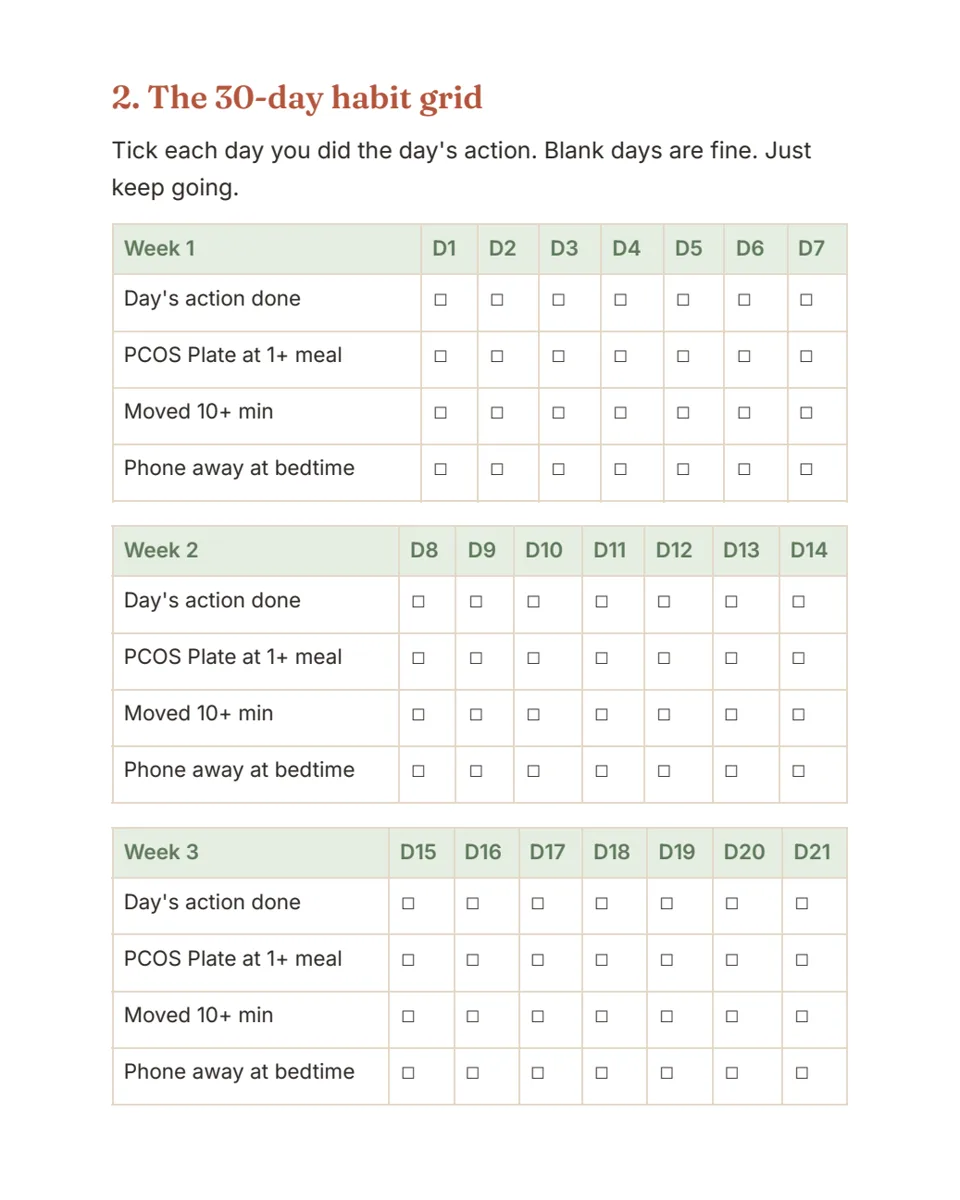 Sample page: the 30-day habit grid, one tick box per day